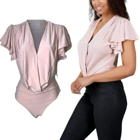 Haute Monde Ruffle Flutter Sleeve Mock Wrap Bodysuit Top Blush Pink Medium Sexy - Picture 1 of 16